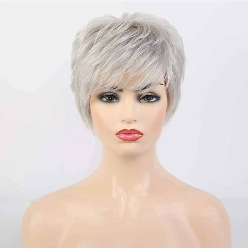 Chic Short Grey Curly Wig with Bangs – Effortless Elegance - Gray White / 8" - Lyvelle