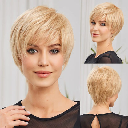 Short Pixie Cut Wig with Bangs – Remy Human Hair, Layered Style - Golden Blonde - Lyvelle