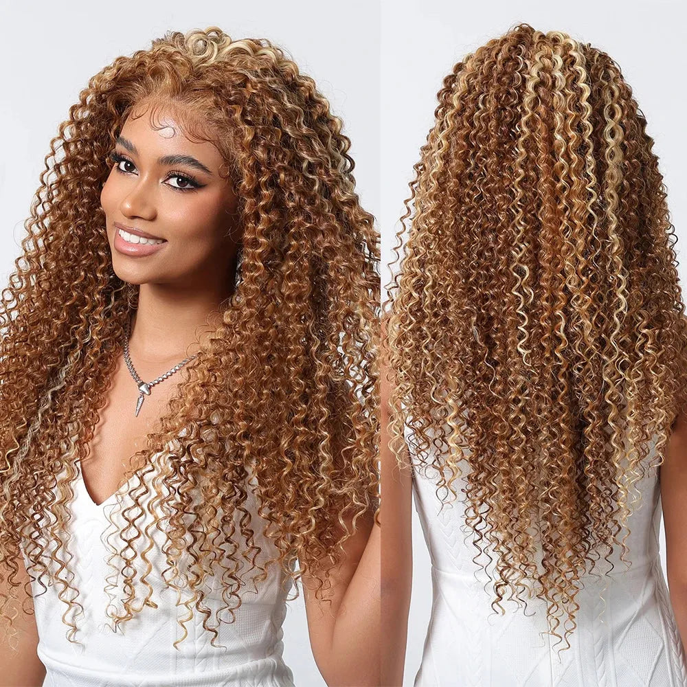 26-Inch Kinky Curly Lace Front Wig – Blonde, Brown & Platinum Highlights - 26" / Kinky Curly / SWLF1003-4BL26 - Lyvelle