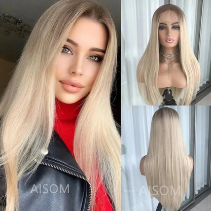 Platinum Blonde Straight Lace Front Wig – 13x4 Pre-Plucked Synthetic Hair - 24" / Straight / 4TAshGolden - Lyvelle