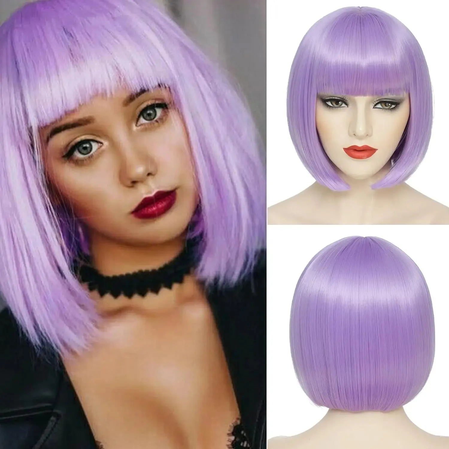 Velvet Luxe Bob Wig – Vibrant Colors Collection with Thick Bangs - 12" / Straight / Purple - Lyvelle