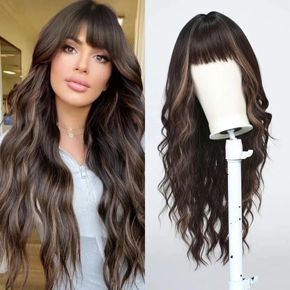 30-Inch Natural Brown Wavy Synthetic Wig with Bangs – Classic Elegance - LC8229-3 / 30" / Natural Wavy - Lyvelle