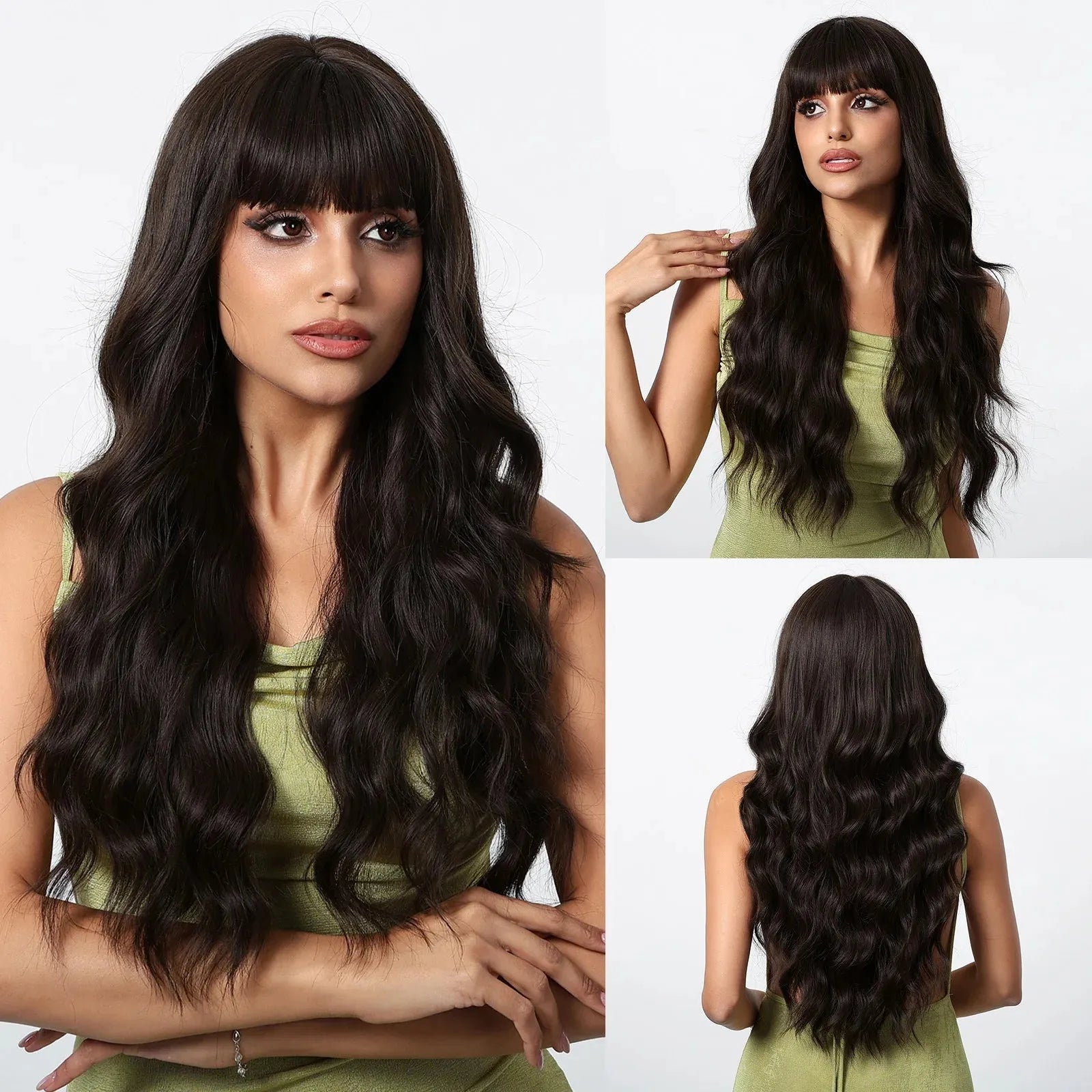 30-Inch Natural Brown Wavy Synthetic Wig with Bangs – Classic Elegance - LC1111-6 / 30" / Natural Wavy - Lyvelle