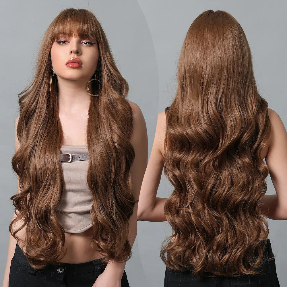 30-Inch Natural Brown Wavy Synthetic Wig with Bangs – Classic Elegance - LC8155-1 / 30" / Natural Wavy - Lyvelle