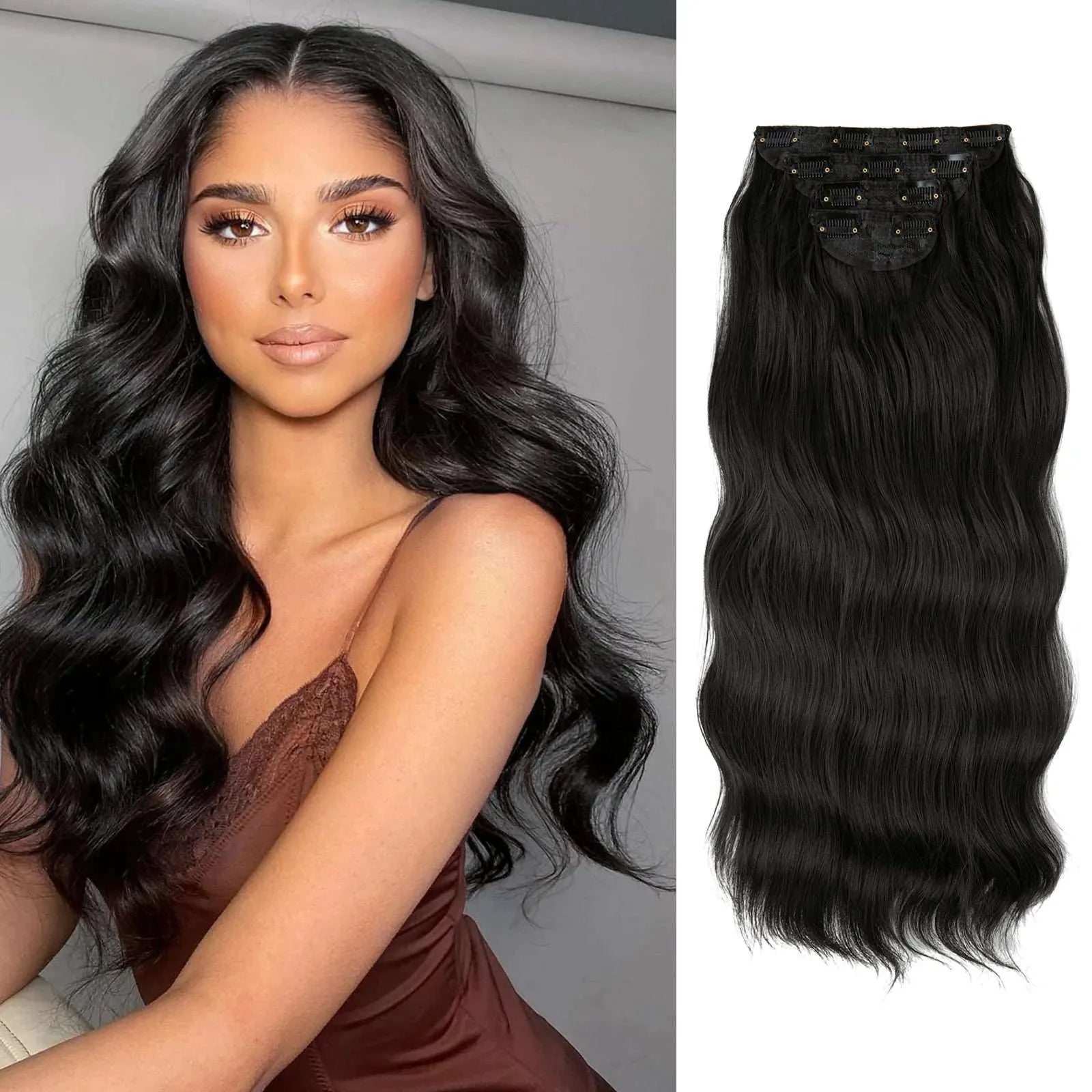 22-Inch Clip-In Hair Extensions – Full Head 4-Piece Set for Volume & Length - 22" / Body Wave / Off Black - Lyvelle