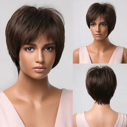 Stunning Ombre Blonde Pixie Cut Synthetic Wig with Bangs - Dark Brown - Lyvelle