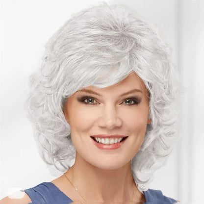 Glamorous Short Curly Synthetic Wig with Bangs - Silver - Lyvelle