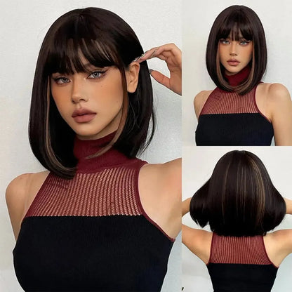 Short Bob Wig with Bangs – Black Brown Synthetic Hair - 12" / Straight / WL1107-1 - Lyvelle