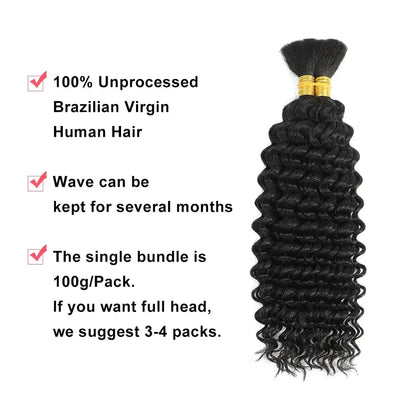 Deep Wave Unprocessed Human Hair for Boho Braids – 100% Brazilian Remy - 12" | 1PC / Deep Wave / Natural Black - Lyvelle