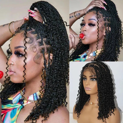 12-Inch Pre-Cut Boho Box Braided Cornrow Wig – 360 Full Lace Synthetic Bob - 12" / Braided / Natural Black - Lyvelle