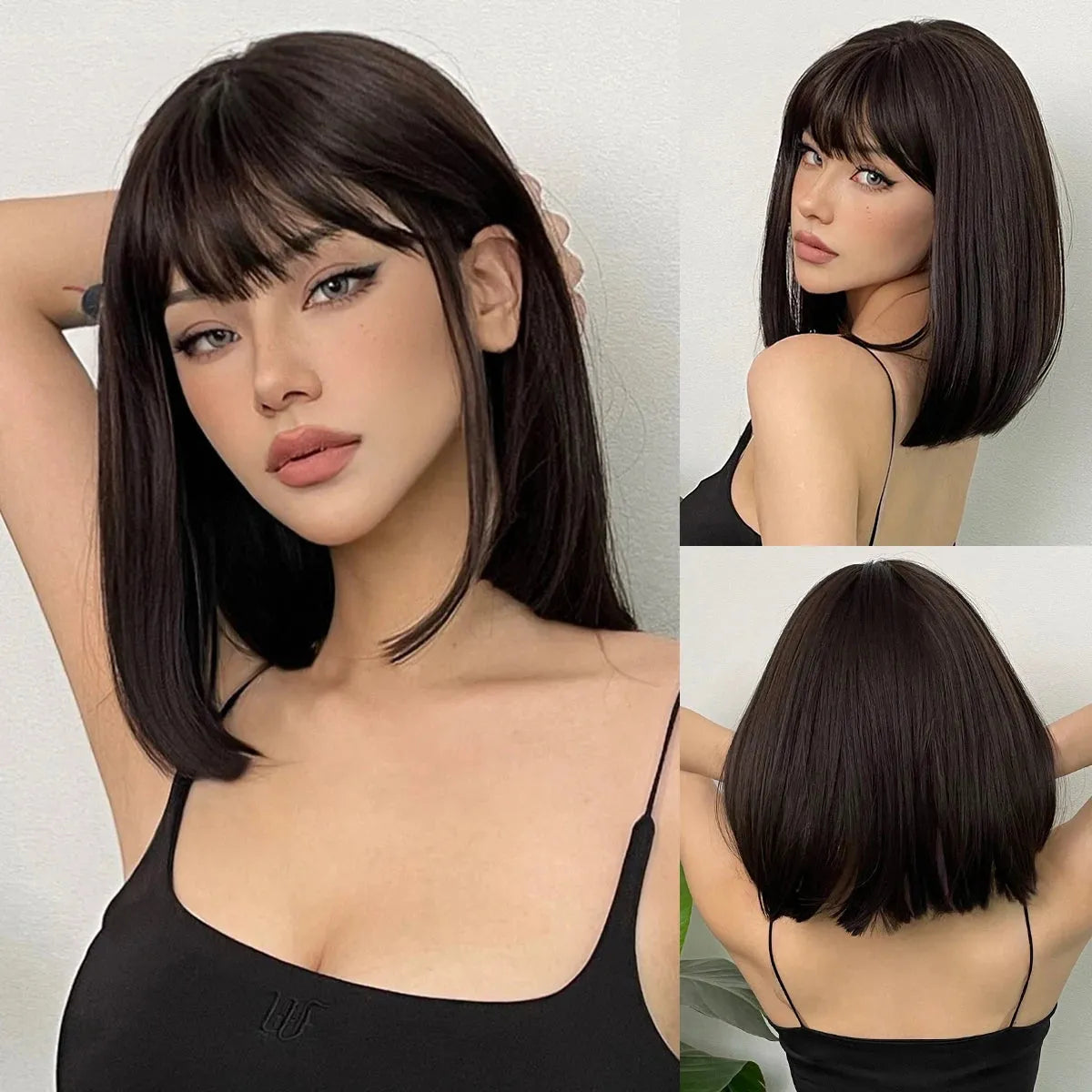 Short Bob Wig with Bangs – Black Brown Synthetic Hair - 12" / Straight / Wig-WL1149-1 - Lyvelle