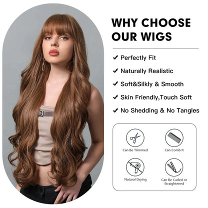 30-Inch Natural Brown Wavy Synthetic Wig with Bangs – Classic Elegance - LC8155-1 / 30" / Natural Wavy - Lyvelle