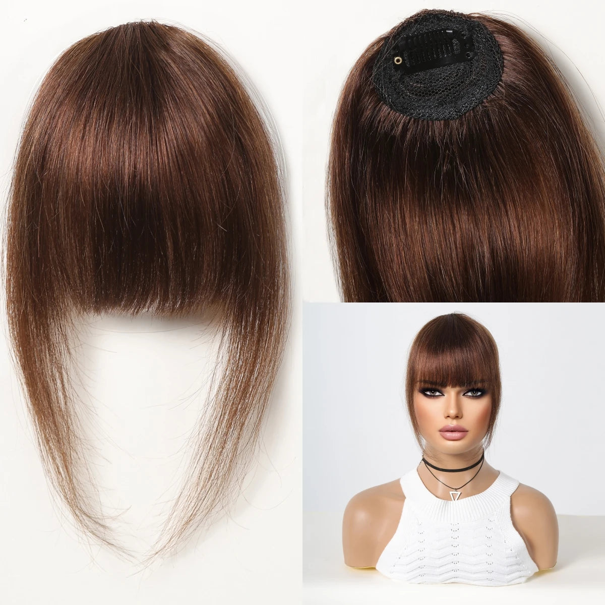 Natural Human Hair Clip-In Bangs with Temples – 100% Human Hair - Chestnut Brown - Lyvelle