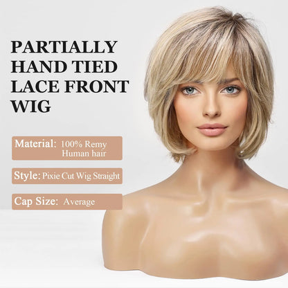 Short Bob 13x4 Lace Frontal Wig – 100% Remy Human Hair, Wavy Texture - Layered Blonde - Lyvelle