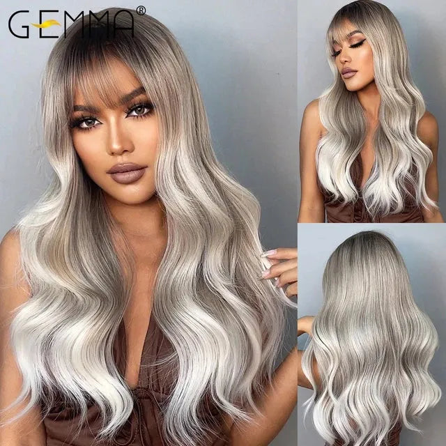 Blonde & Ash Wavy Synthetic Wig – Light & Elegant Tones - 26" / Natural Wavy / Wig LC049-1 - Lyvelle