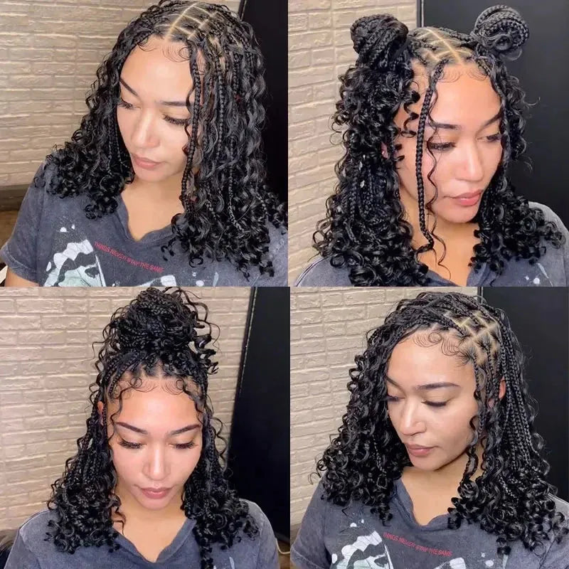 12-Inch Pre-Cut Boho Box Braided Cornrow Wig – 360 Full Lace Synthetic Bob - 12" / Braided / Natural Black - Lyvelle