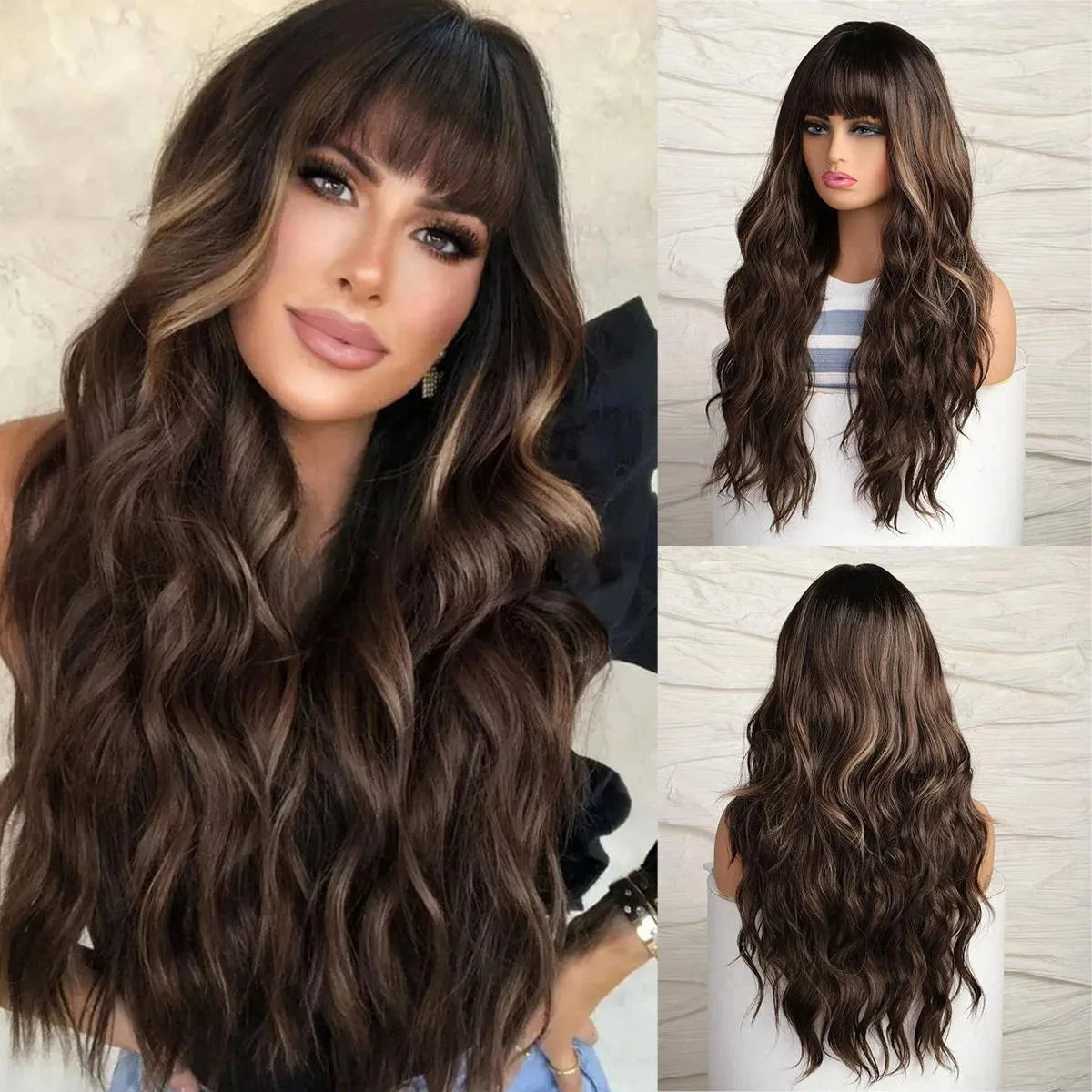 30-Inch Natural Brown Wavy Synthetic Wig with Bangs – Classic Elegance - LC8155-1 / 30" / Natural Wavy - Lyvelle