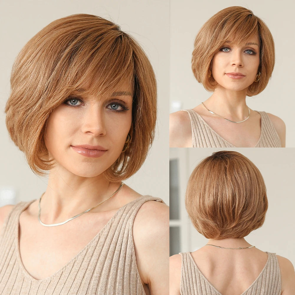 Short Bob 13x4 Lace Frontal Wig – 100% Remy Human Hair, Wavy Texture - Golden Brown - Lyvelle