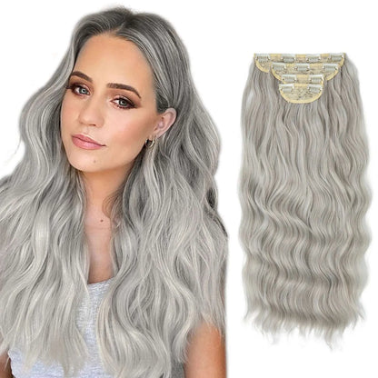 22-Inch Clip-In Hair Extensions – Full Head 4-Piece Set for Volume & Length - 22" / Body Wave / silver gray - Lyvelle