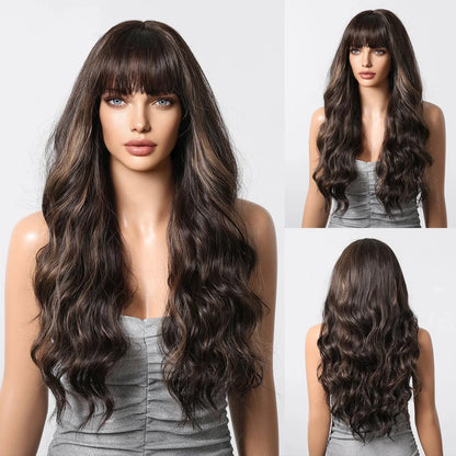 30-Inch Natural Brown Wavy Synthetic Wig with Bangs – Classic Elegance - LC8239-7 / 30" / Natural Wavy - Lyvelle