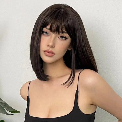 Short Bob Wig with Bangs – Black Brown Synthetic Hair - 12" / Straight / Wig-WL1149-1 - Lyvelle