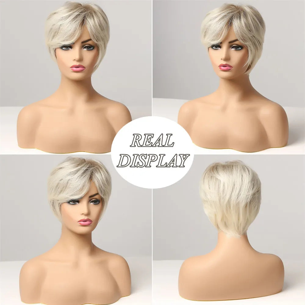 Stunning Ombre Blonde Pixie Cut Synthetic Wig with Bangs - Ash Blonde - Lyvelle