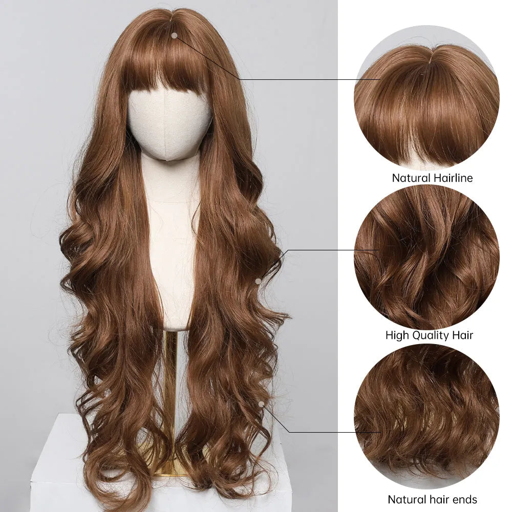 30-Inch Natural Brown Wavy Synthetic Wig with Bangs – Classic Elegance - LC8155-1 / 30" / Natural Wavy - Lyvelle