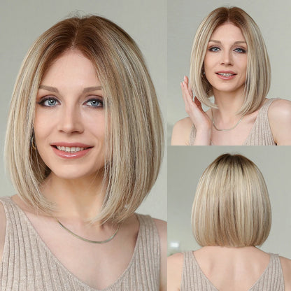 Brown Blonde Mixed Ombre Human Hair Lace Front Wigs Short Wavy Bob Hair Glolden Blonde Remy Human Hair Wig for White Women Daily