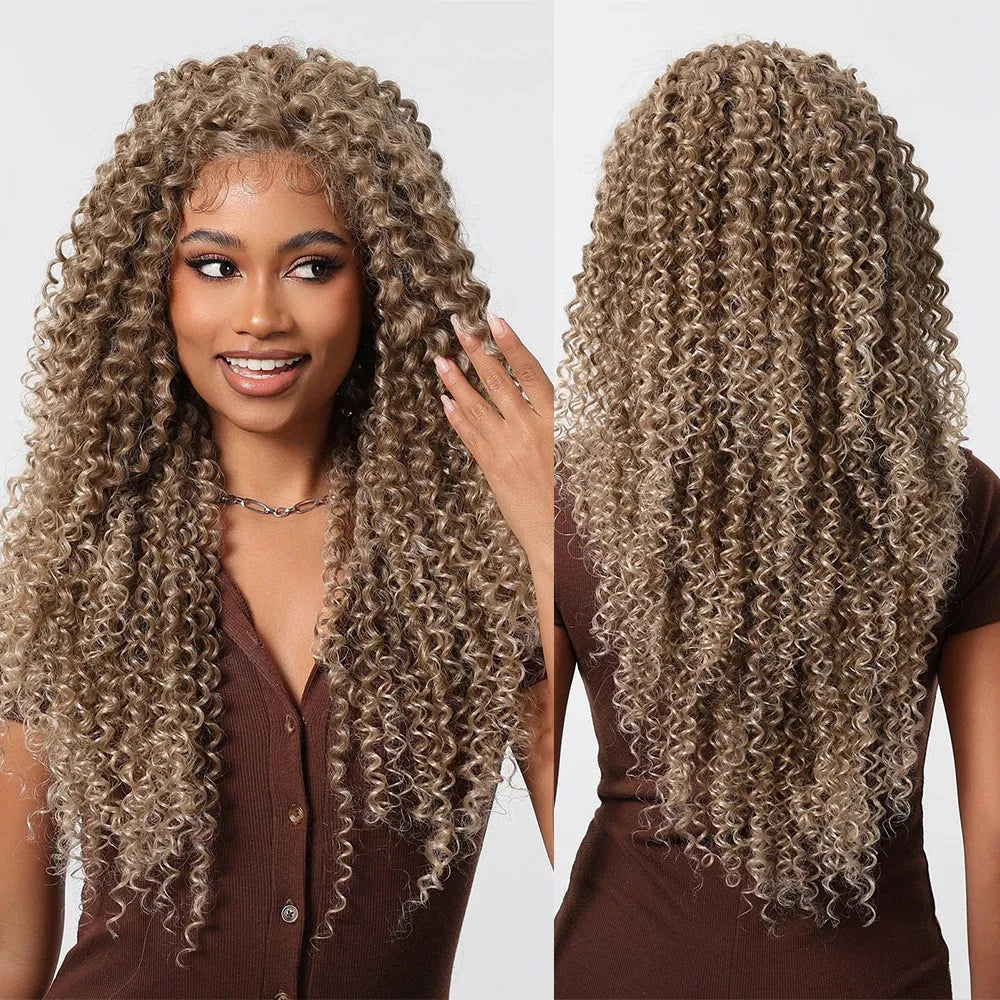 26-Inch Kinky Curly Lace Front Wig – Blonde, Brown & Platinum Highlights - 26" / Kinky Curly / SWLF1003-5BL26 - Lyvelle