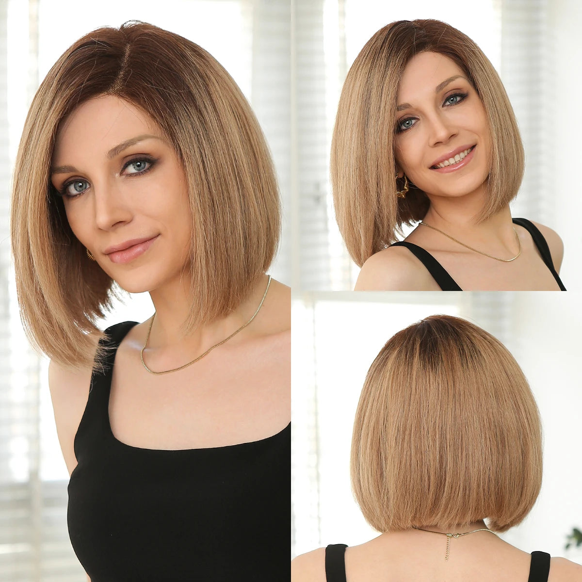 Brown Blonde Mixed Ombre Human Hair Lace Front Wigs Short Wavy Bob Hair Glolden Blonde Remy Human Hair Wig for White Women Daily