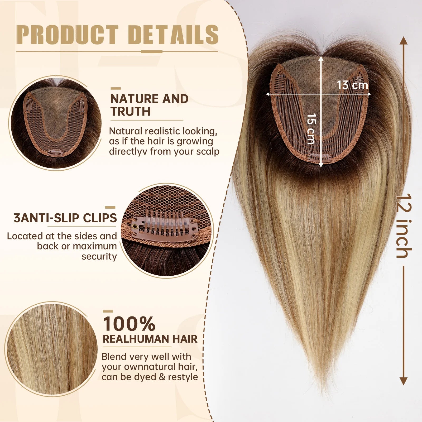 Silk Base Remy Human Hair Toppers – 12 Inches - 12" / Caramel Highlights - Lyvelle