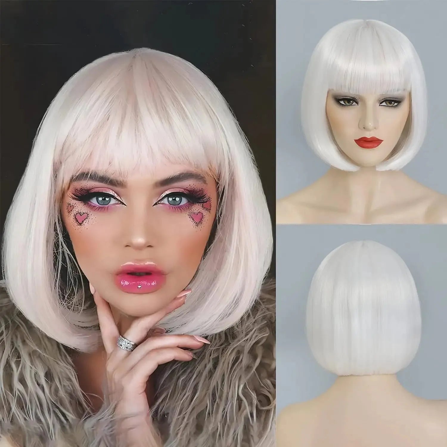 Velvet Luxe Bob Wig – Vibrant Colors Collection with Thick Bangs - 12" / Straight / White - Lyvelle