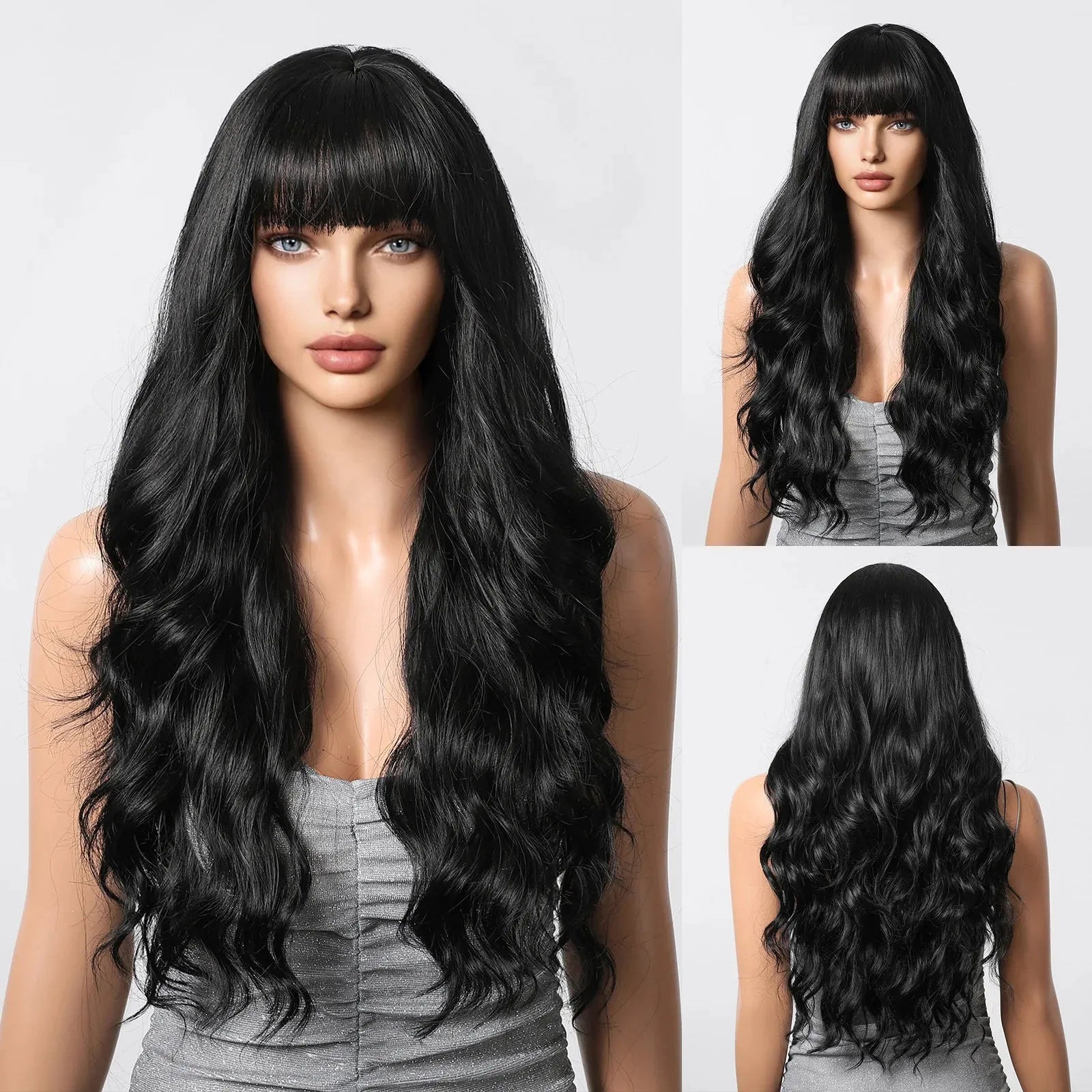 30-Inch Natural Brown Wavy Synthetic Wig with Bangs – Classic Elegance - LC8239-4 / 30" / Natural Wavy - Lyvelle