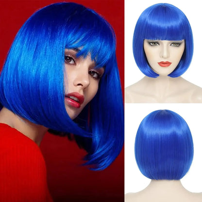 Velvet Luxe Bob Wig – Vibrant Colors Collection with Thick Bangs - 12" / Straight / Blue - Lyvelle