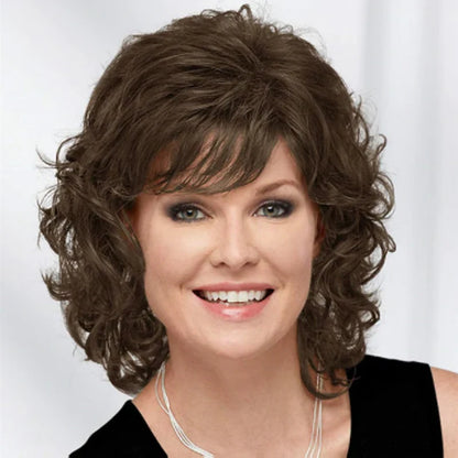 Glamorous Short Curly Synthetic Wig with Bangs - Dark Brown - Lyvelle