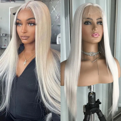 Platinum Blonde Straight Lace Front Wig – 13x4 Pre-Plucked Synthetic Hair - 24" / Straight / Platinum silver - Lyvelle