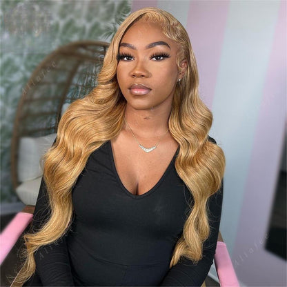 Honey Blonde 13x4 HD Transparent Lace Front Wig - #27 Blonde Human Hair Frontal Wig - 14 / Straight / 150% - Lyvelle