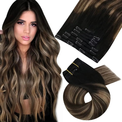 Premium 100% Human Hair Clip-In Extensions – 5 & 7 pcs, 10-16 Inch - 10" / Body Wave / 1B-4-14 - Lyvelle