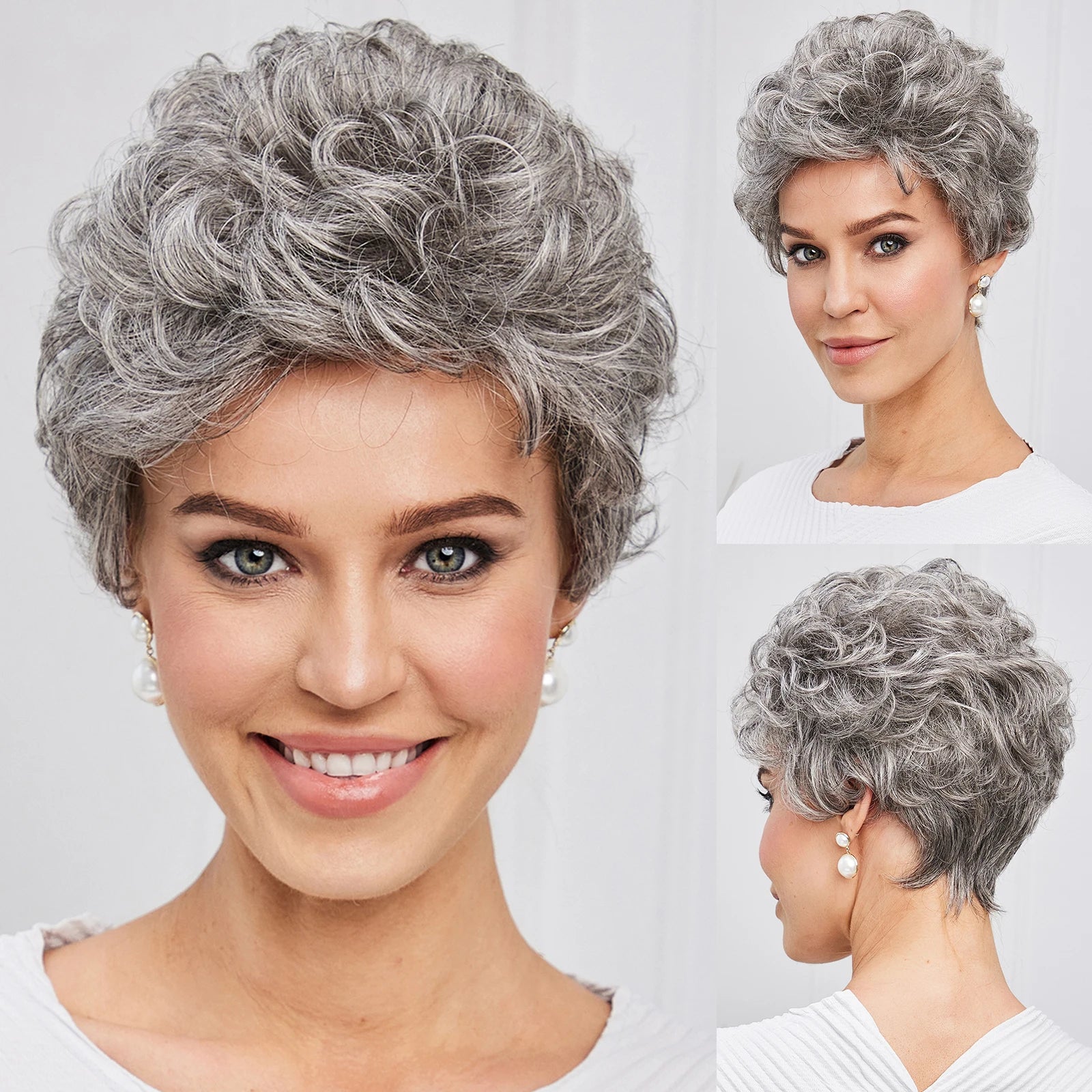 Chic Light Blonde Pixie Cut Wig with Bangs – Natural Look - 10" / Curly Gray - Lyvelle