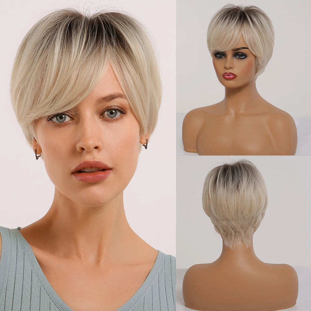 Stunning Ombre Blonde Pixie Cut Synthetic Wig with Bangs - Blonde Bob - Lyvelle