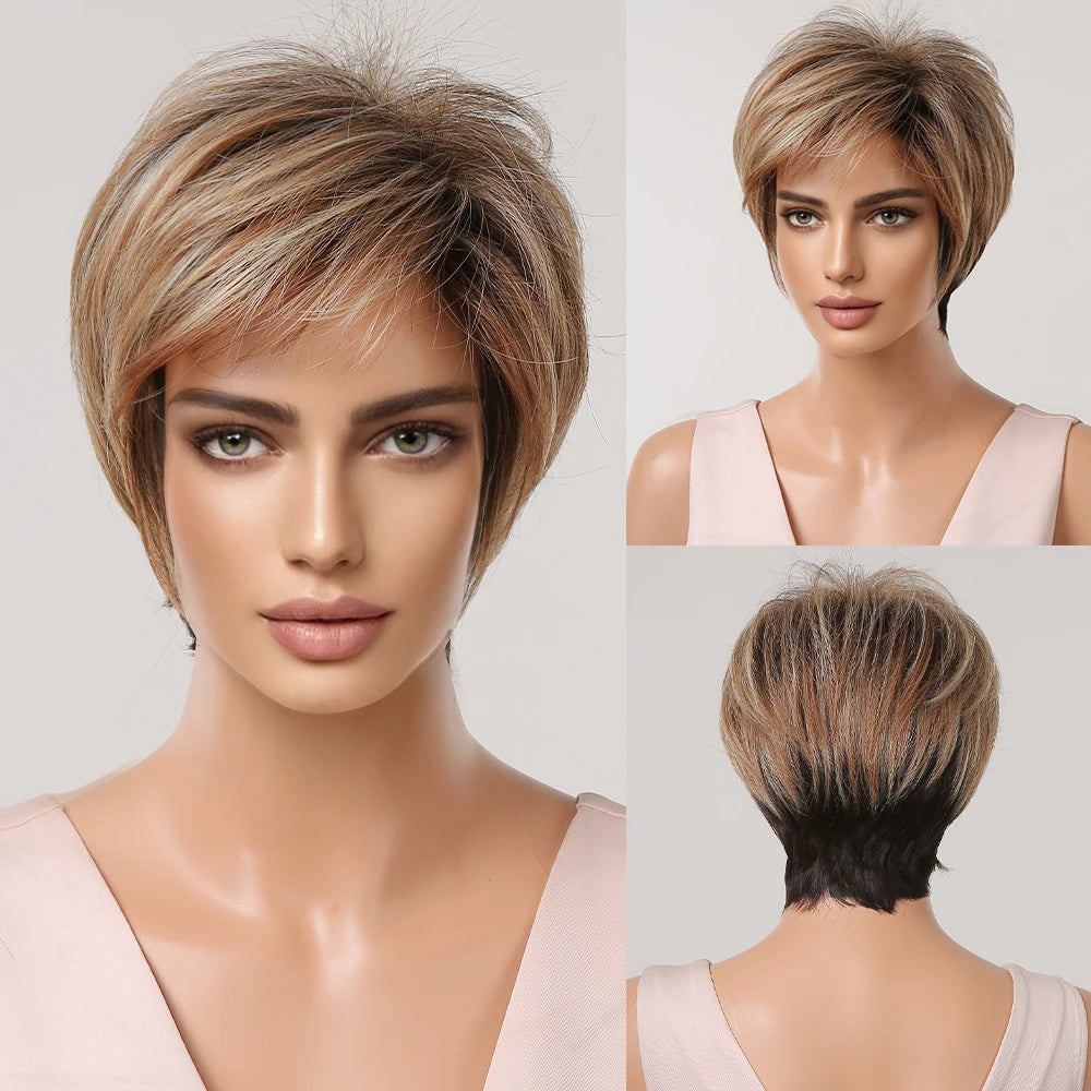 Stunning Ombre Blonde Pixie Cut Synthetic Wig with Bangs - Sandy Blonde - Lyvelle