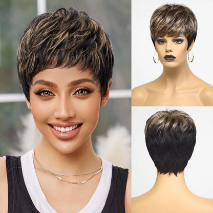 Short Pixie Cut Wig with Bangs – Remy Human Hair, Layered Style - Black with Highlights - Lyvelle