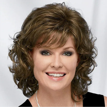 Glamorous Short Curly Synthetic Wig with Bangs - Brown - Lyvelle