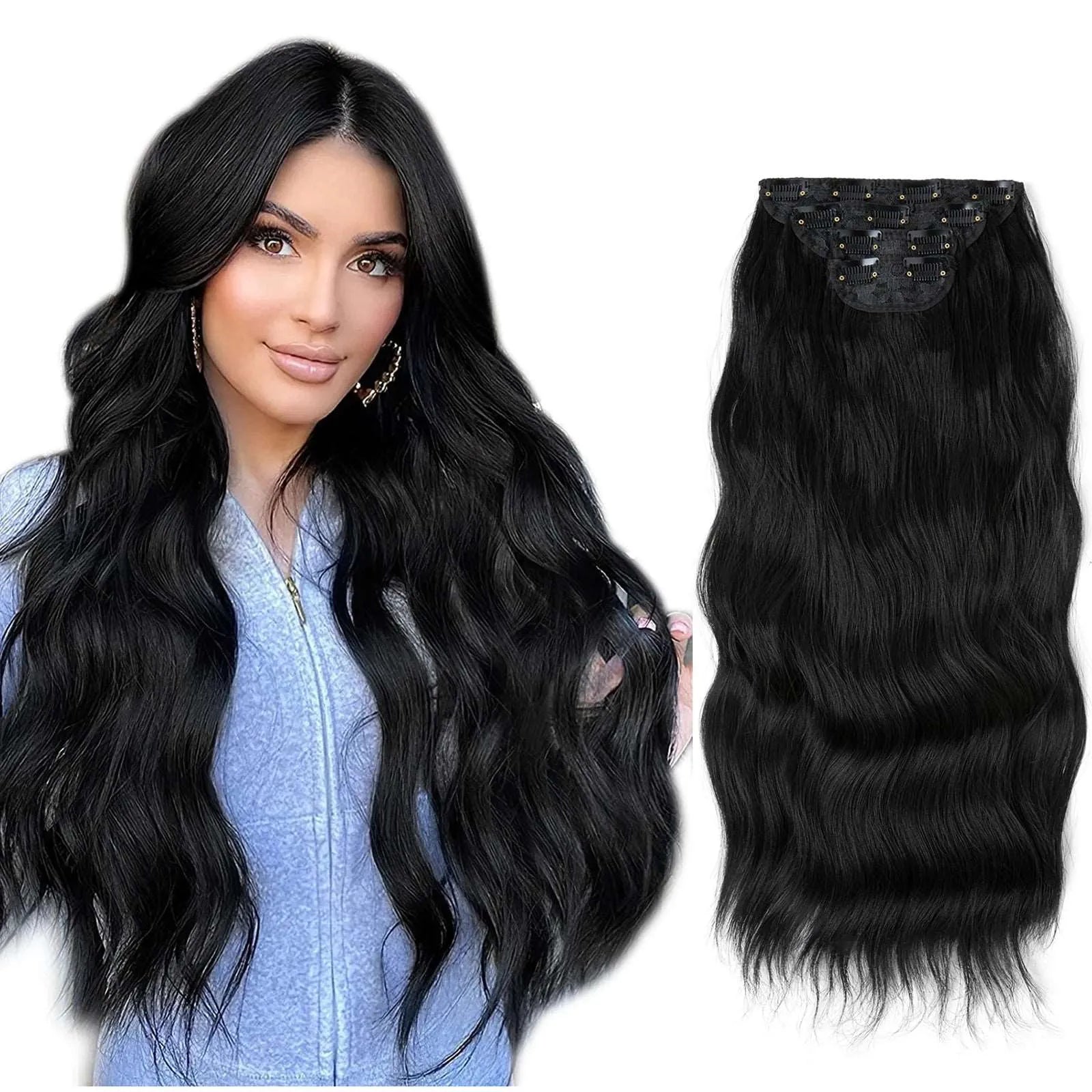 22-Inch Clip-In Hair Extensions – Full Head 4-Piece Set for Volume & Length - 22" / Body Wave / Jet Black - Lyvelle