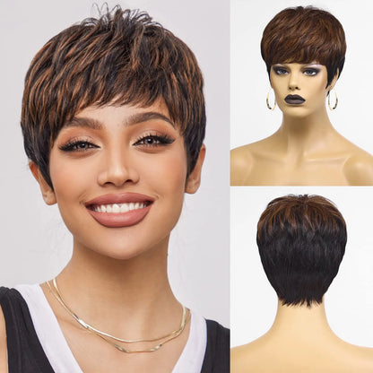 Short Pixie Cut Wig with Bangs – Remy Human Hair, Layered Style - Brown with Highlights - Lyvelle