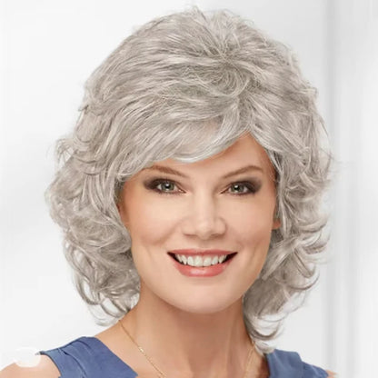 Glamorous Short Curly Synthetic Wig with Bangs - Silver - Lyvelle