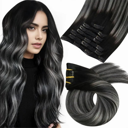 Premium Human Hair Clip-In Extensions – 5 & 7 Pieces, 18-24 Inches - 18" / Body Wave / 1B-Silver-1B - Lyvelle