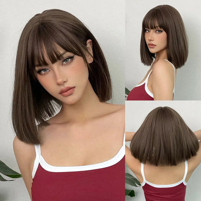 Short Bob Wig with Bangs – Black Brown Synthetic Hair - 12" / Straight / Wig-WL1148-1 - Lyvelle