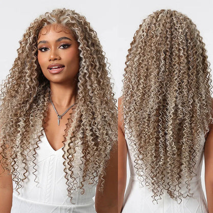 26-Inch Kinky Curly Lace Front Wig – Blonde, Brown & Platinum Highlights - 26" / Kinky Curly / SWLF1003-3BR26 - Lyvelle