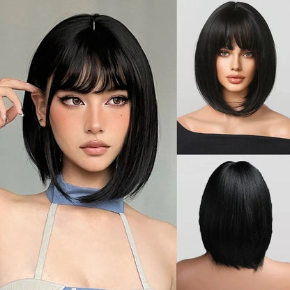 Short Bob Wig with Bangs – Black Brown Synthetic Hair - 12" / Straight / LC2049-1 - Lyvelle